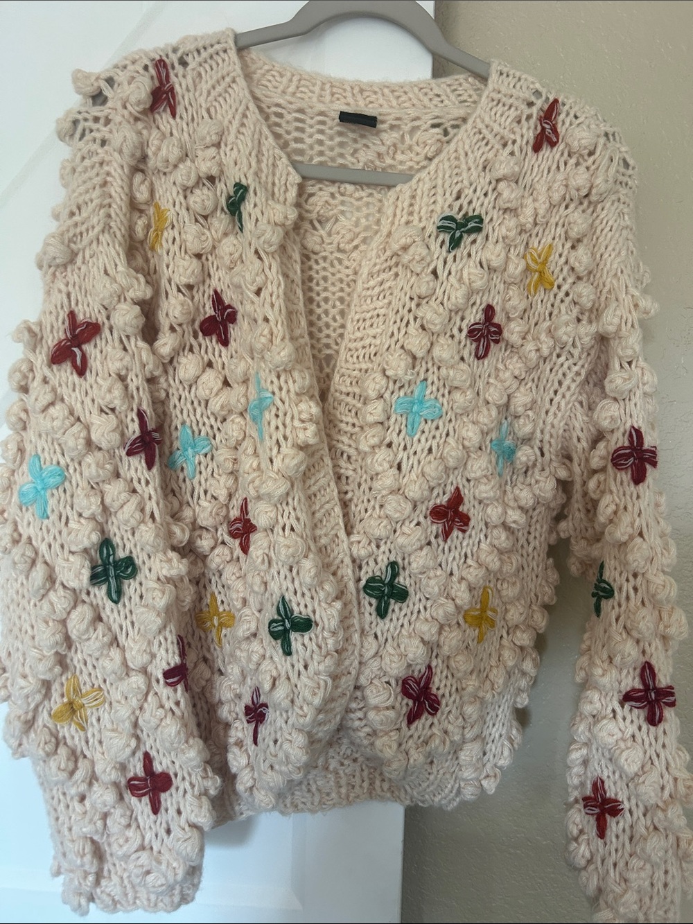 SAACHI Cream Hand-Knit Popcorn Cardigan with Multicolor Embroidery